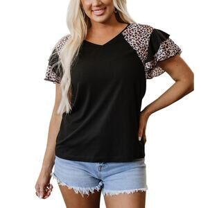 Black Leopard Print Patchwork Ruffled Sleeve V Neck Top  New